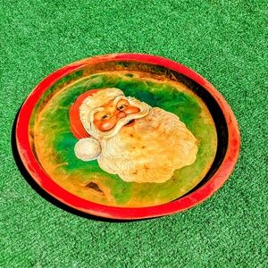 Vintage 13" Santa Claus Retro Tarnish Cookie Tray Platter Plate Round Christmas